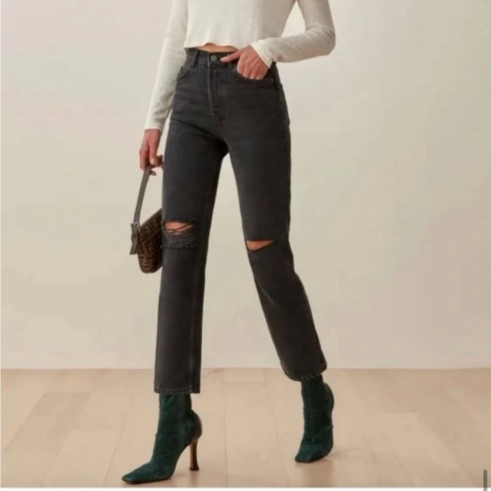 Reformation Cynthia High Waist Relaxed Jeans Lagoon Destroyed Ripped Black 25